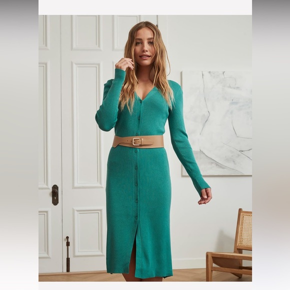 GUC GREEN LONG BUTTON DOWN RIBBED CARDIGAN SWEATER DRESS - Picture 4 of 7